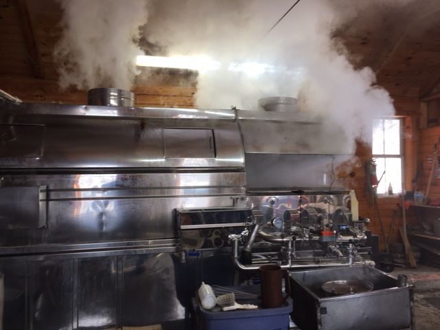Evaporator boiling sap into syrup.